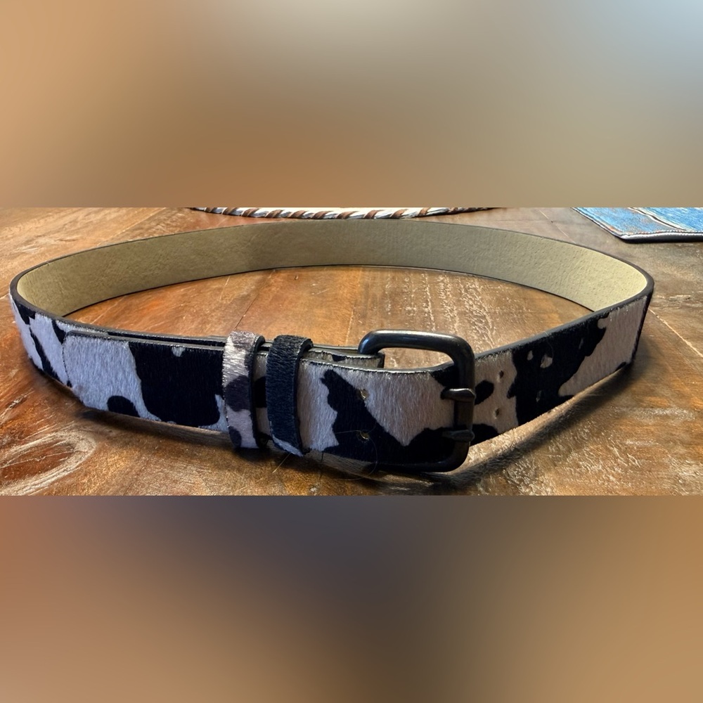 Faux Cowhide Patterned Belt with Black Buckle